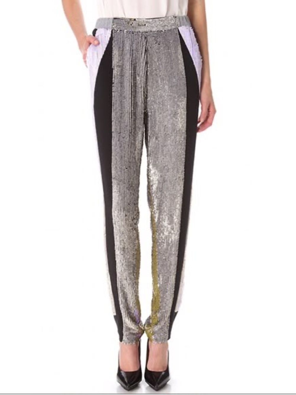 3.1 Phillip Lim Sequin Track Pants Silver Black Size S Silk